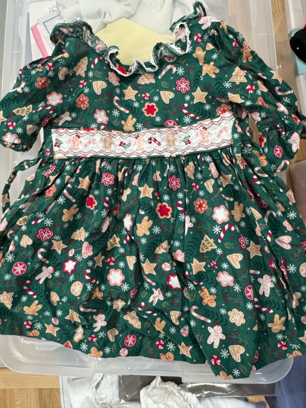 Bonnie Jean Green Christmas Cookie Print Smocked Dress
